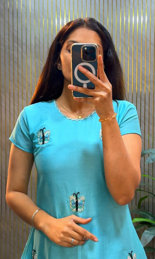 Maggam Work Vichitra Silk A-Line Kurti Gown for Women