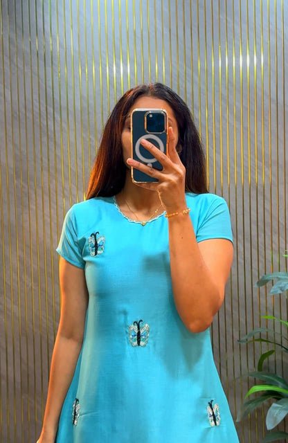 Maggam Work Vichitra Silk A-Line Kurti Gown for Women
