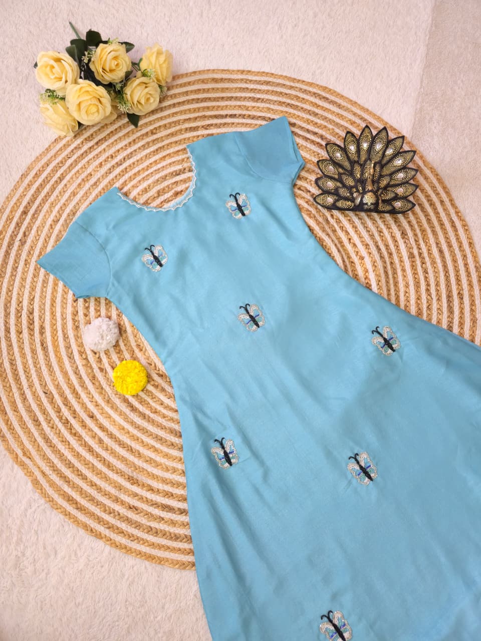 Maggam Work Vichitra Silk A-Line Kurti Gown for Women