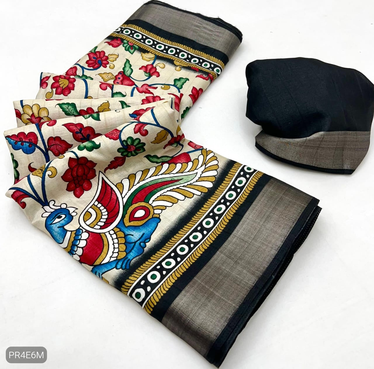Malai Cotton Saree with Kalamkari Print & Peacock Pallu