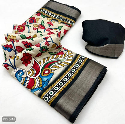 Malai Cotton Saree with Kalamkari Print & Peacock Pallu