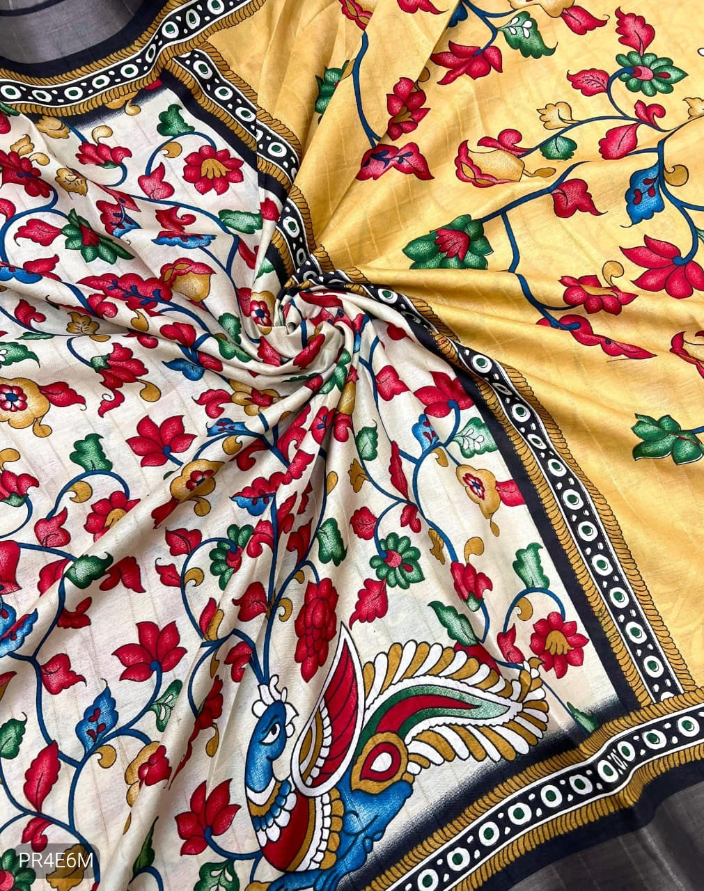 Malai Cotton Saree with Kalamkari Print & Peacock Pallu
