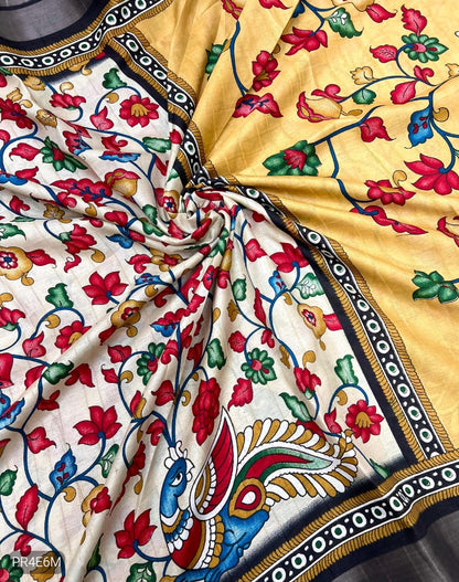 Malai Cotton Saree with Kalamkari Print & Peacock Pallu