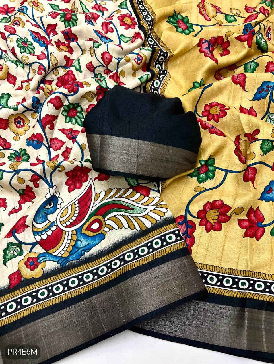 Malai Cotton Saree with Kalamkari Print & Peacock Pallu