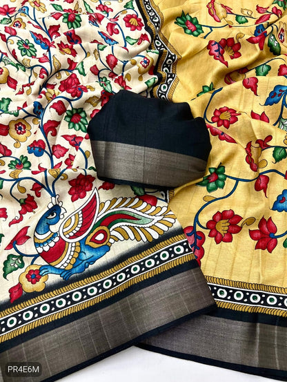 Malai Cotton Saree with Kalamkari Print & Peacock Pallu