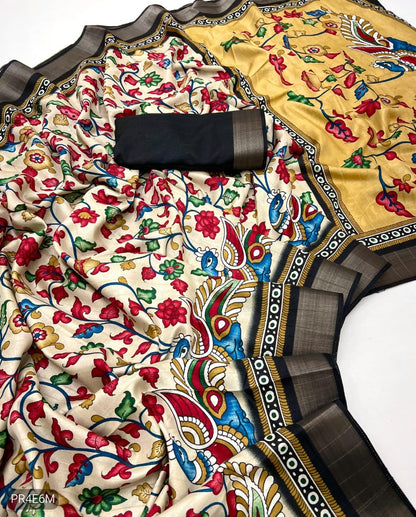 Malai Cotton Saree with Kalamkari Print & Peacock Pallu