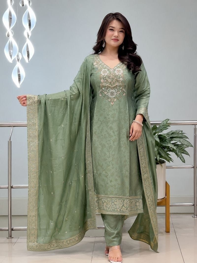 Malay Glass Tissue Kanjivaram Work 3-Piece Suit Set with Jacquard Dupatta