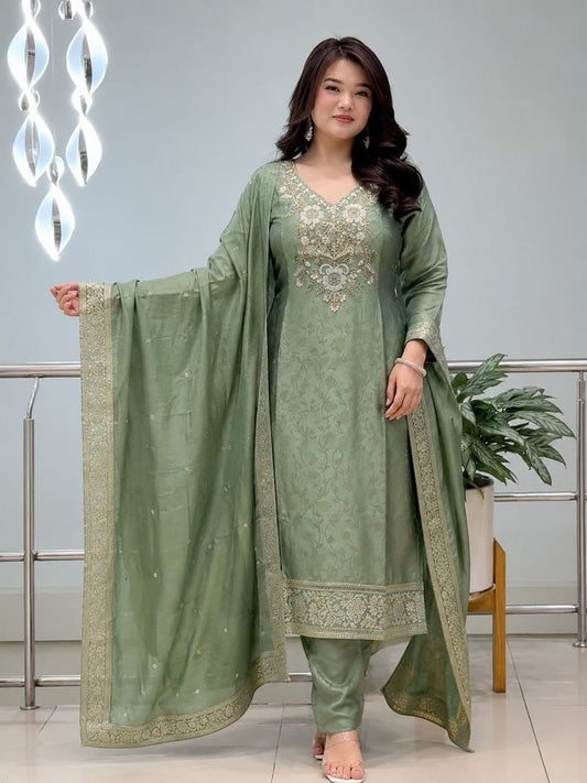 Malay Glass Tissue Kanjivaram Work 3-Piece Suit Set with Jacquard Dupatta