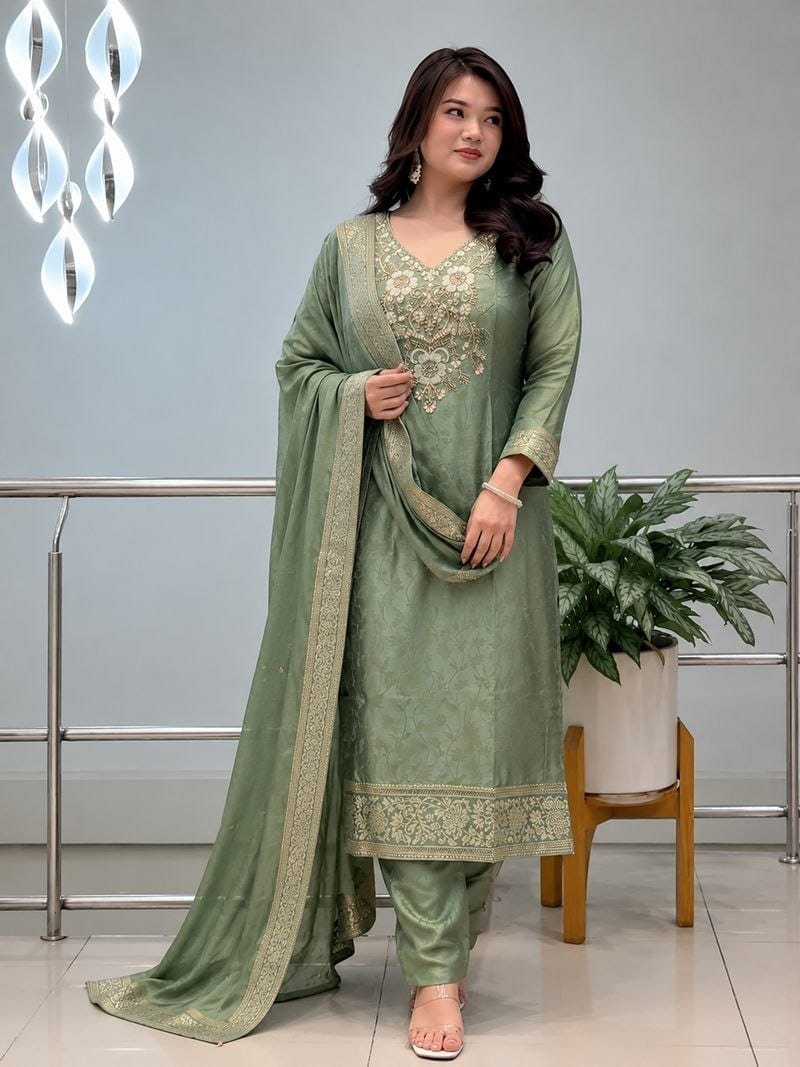 Malay Glass Tissue Kanjivaram Work 3-Piece Suit Set with Jacquard Dupatta