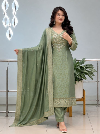 Malay Glass Tissue Kanjivaram Work 3-Piece Suit Set with Jacquard Dupatta