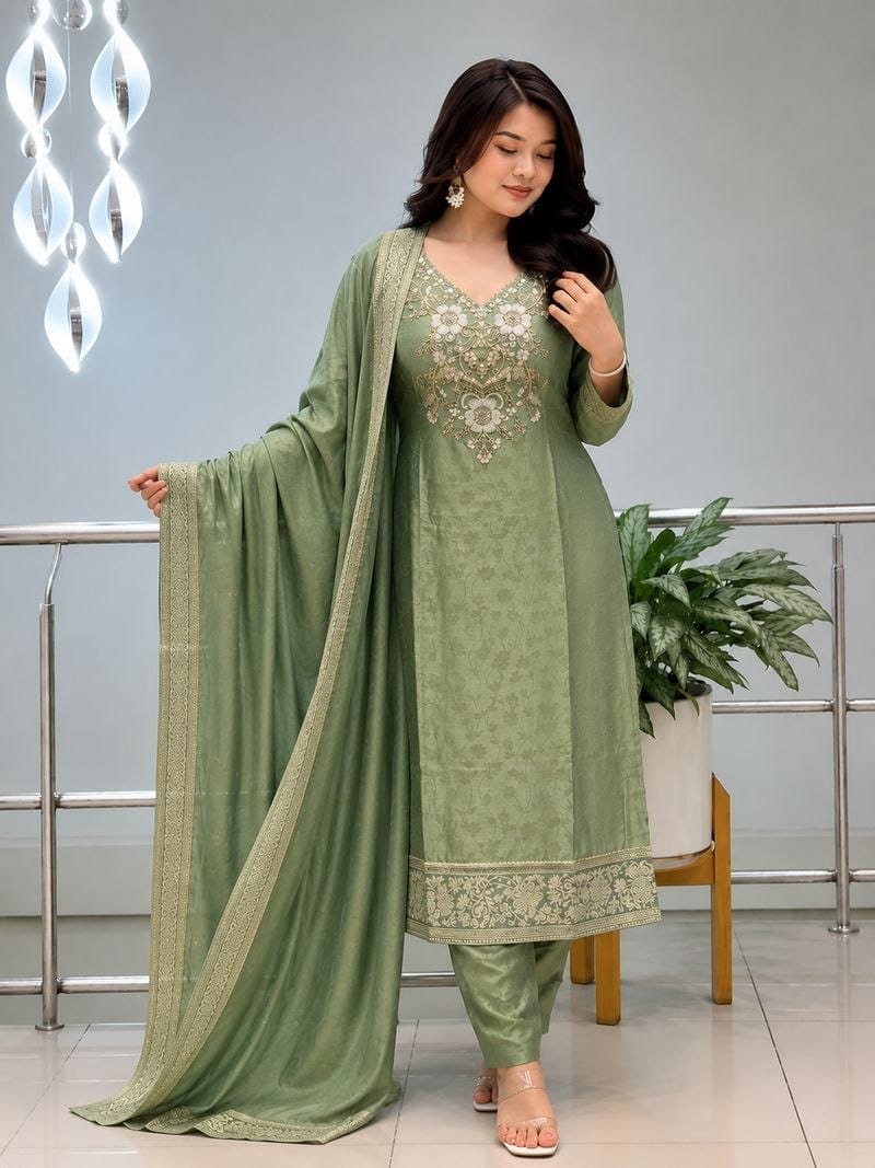 Malay Glass Tissue Kanjivaram Work 3-Piece Suit Set with Jacquard Dupatta