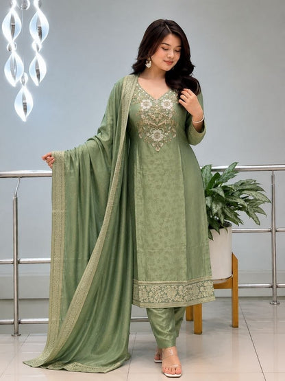 Malay Glass Tissue Kanjivaram Work 3-Piece Suit Set with Jacquard Dupatta