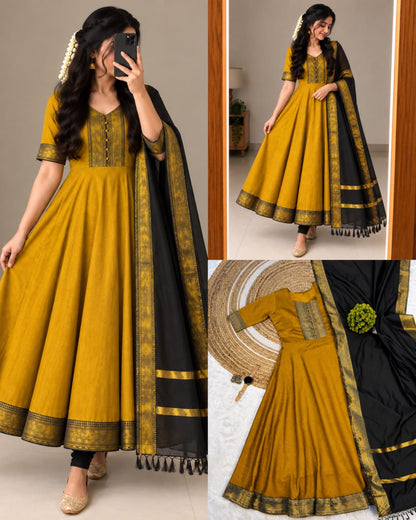 Mangalagiri Silk Cotton Anarkali Set with Zari Border & Woven Dupatta