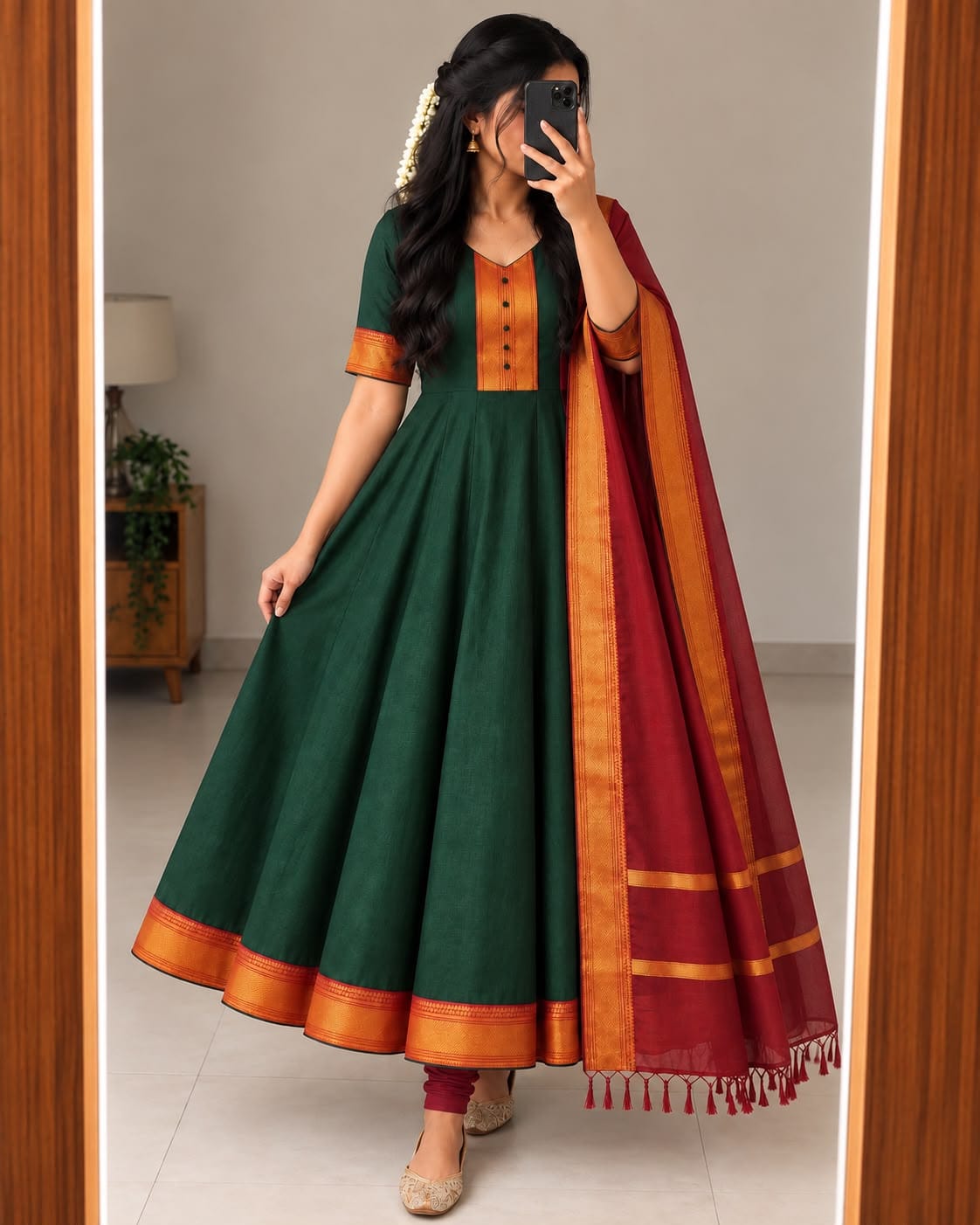 Mangalagiri Silk Cotton Anarkali Set with Zari Border & Woven Dupatta