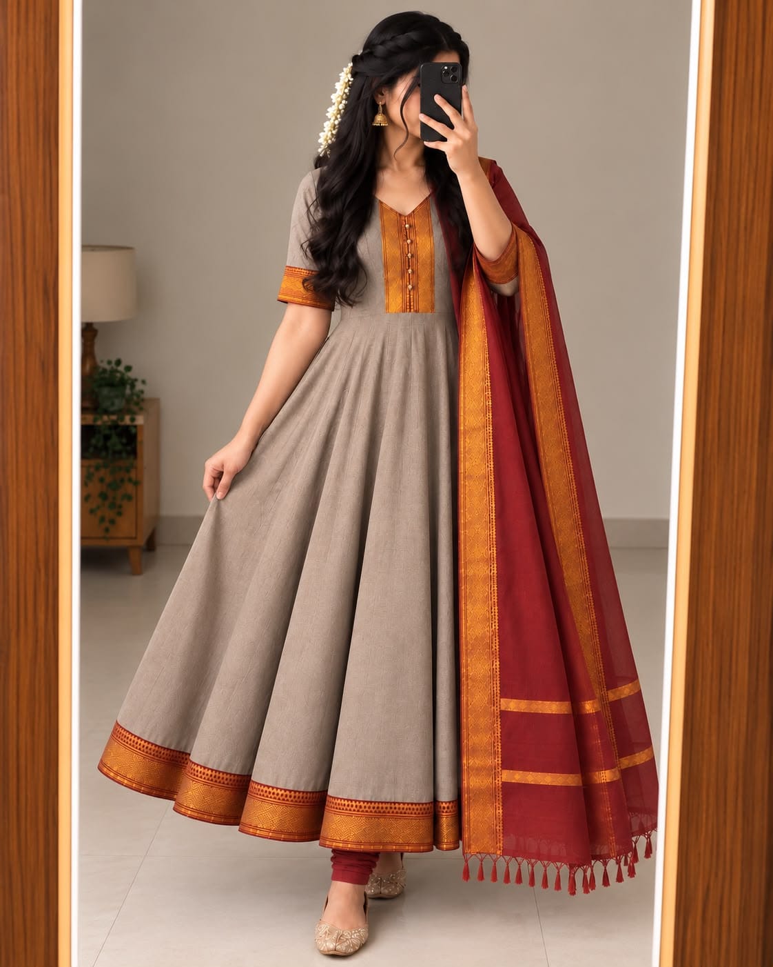 Mangalagiri Silk Cotton Anarkali Set with Zari Border & Woven Dupatta