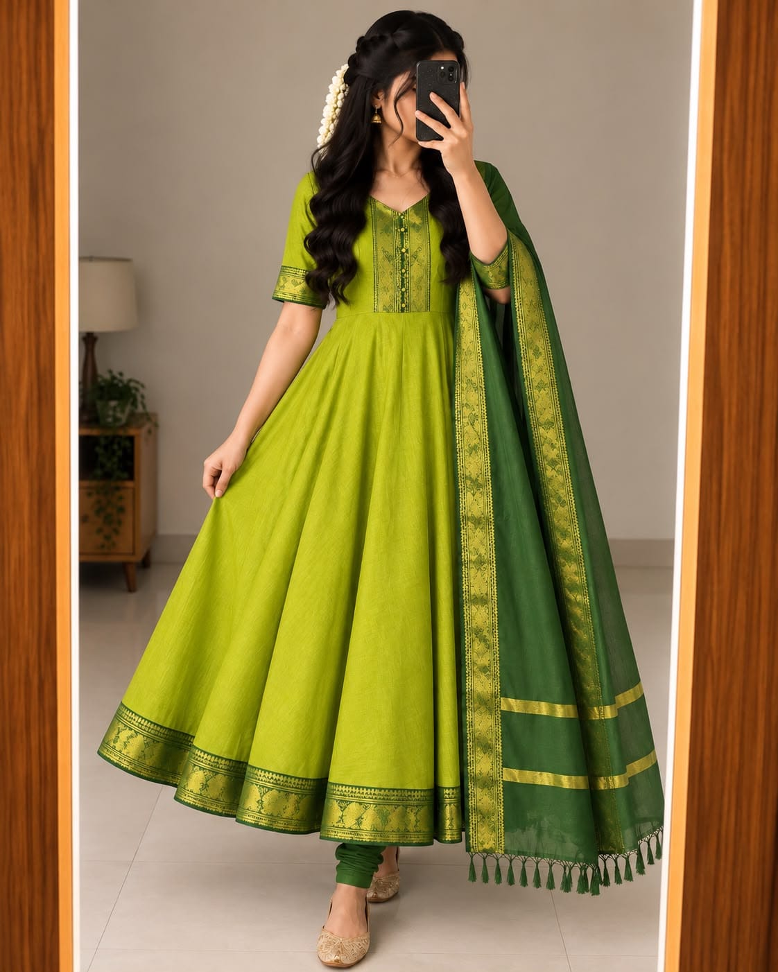 Mangalagiri Silk Cotton Anarkali Set with Zari Border & Woven Dupatta