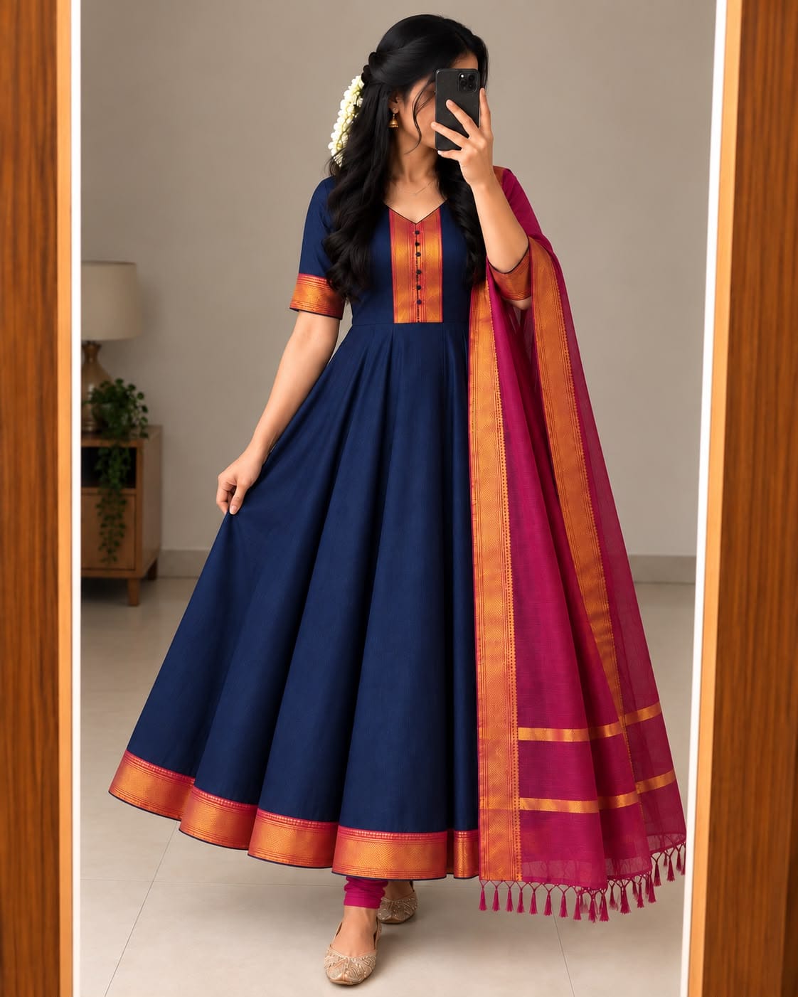 Mangalagiri Silk Cotton Anarkali Set with Zari Border & Woven Dupatta