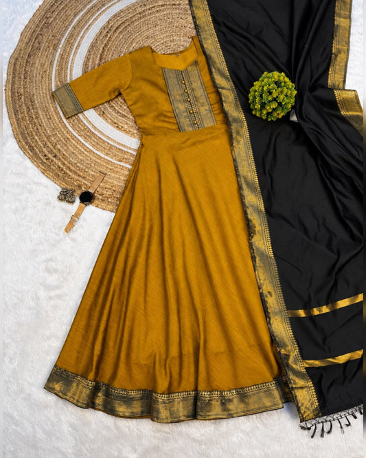 Mangalagiri Silk Cotton Anarkali Set with Zari Border & Woven Dupatta