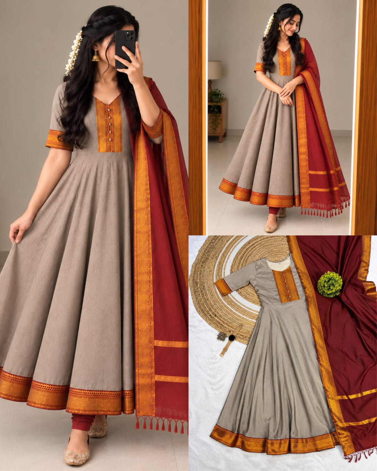 Mangalagiri Silk Cotton Anarkali Set with Zari Border & Woven Dupatta