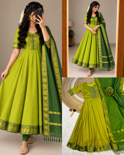 Mangalagiri Silk Cotton Anarkali Set with Zari Border & Woven Dupatta