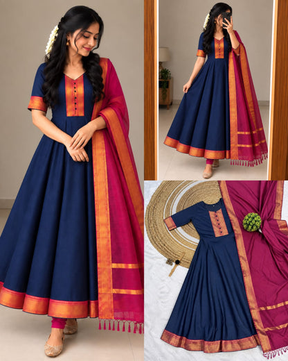 Mangalagiri Silk Cotton Anarkali Set with Zari Border & Woven Dupatta