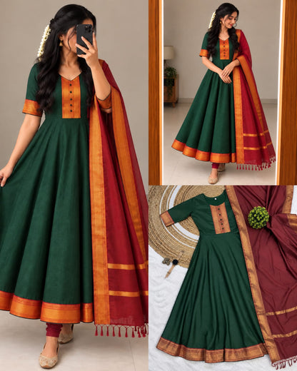 Mangalagiri Silk Cotton Anarkali Set with Zari Border & Woven Dupatta