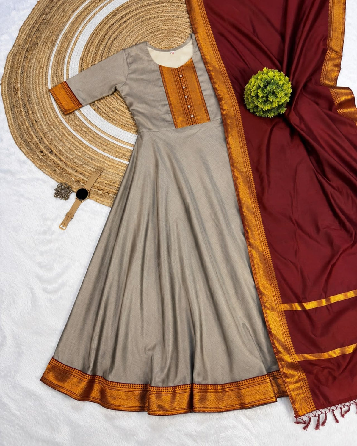 Mangalagiri Silk Cotton Anarkali Set with Zari Border & Woven Dupatta