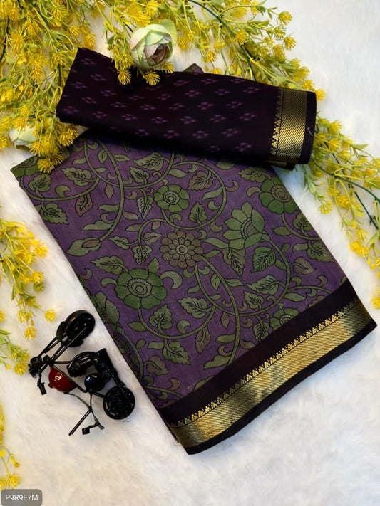 Mangalagiri Silk Saree with Pen Kalamkari & Zari Border