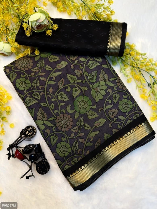 Mangalagiri Silk Saree with Pen Kalamkari & Zari Border