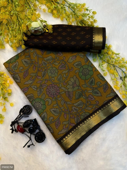 Mangalagiri Silk Saree with Pen Kalamkari & Zari Border