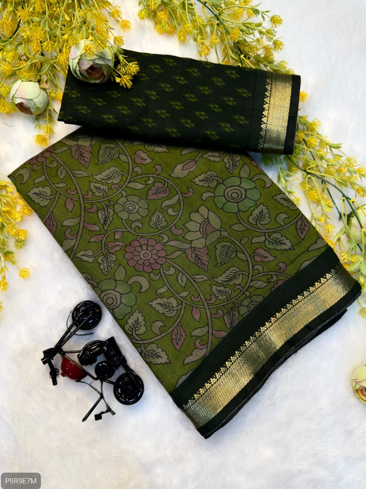 Mangalagiri Silk Saree with Pen Kalamkari & Zari Border