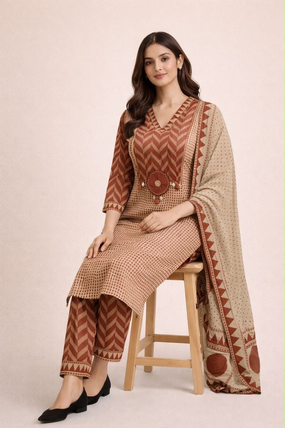 Maroon Chevron Print Cotton Suit Set with Malmal Dupatta – 3 Piece Set