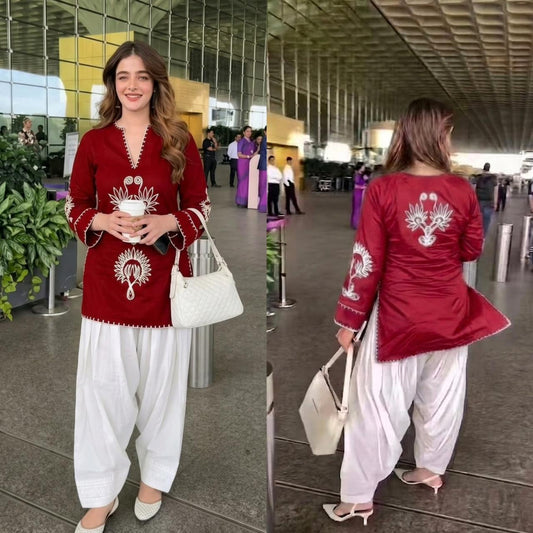 Maroon Farshi Salwar Suit Set with Embroidered Cotton Kurta