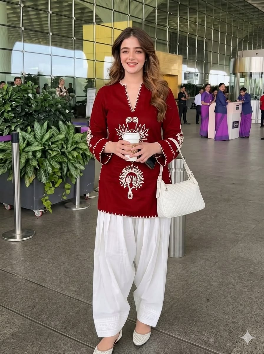 Maroon Farshi Salwar Suit Set with Embroidered Cotton Kurta