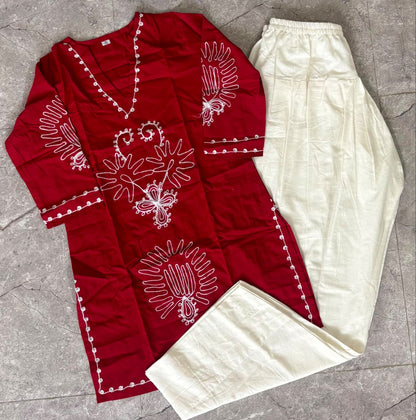 Maroon Farshi Salwar Suit Set with Embroidered Cotton Kurta