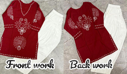 Maroon Farshi Salwar Suit Set with Embroidered Cotton Kurta