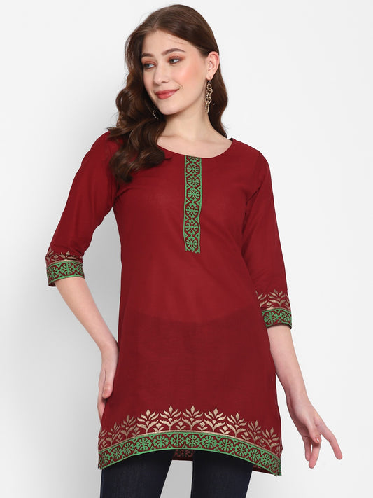Maroon Cotton Kurti with Printed Neckline, Sleeves & Hem