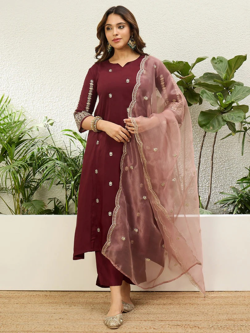 Maroon Embroidered Straight Kurta Pant Set with Chinnon Dupatta