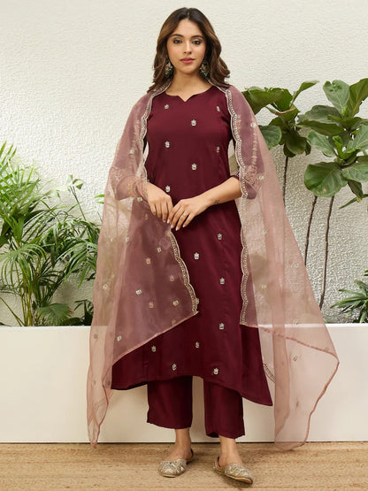 Maroon Embroidered Straight Kurta Pant Set with Chinnon Dupatta