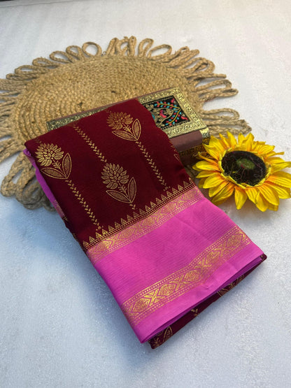 Marshmallow Fabric Foil Design Saree with Zari Weaving Border & Blouse Piece