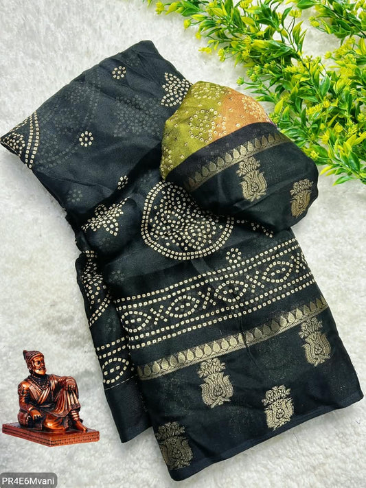 Marshmallow Gold Jacquard Saree with Bandhani Ajrakh Print Border