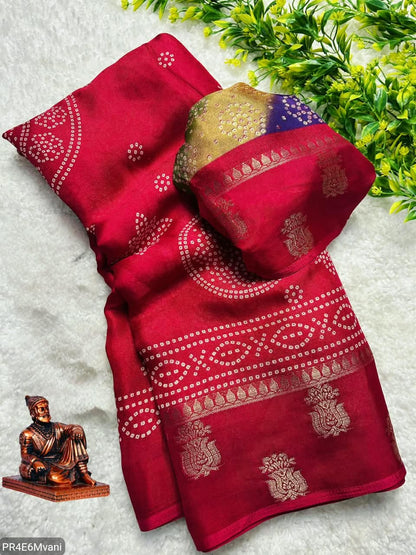 Marshmallow Gold Jacquard Saree with Bandhani Ajrakh Print Border