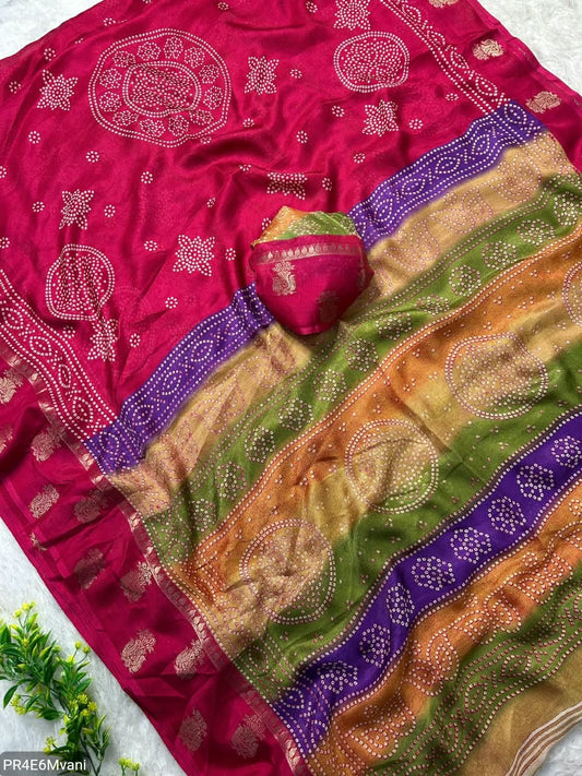 Marshmallow Gold Jacquard Saree with Bandhani Ajrakh Print Border