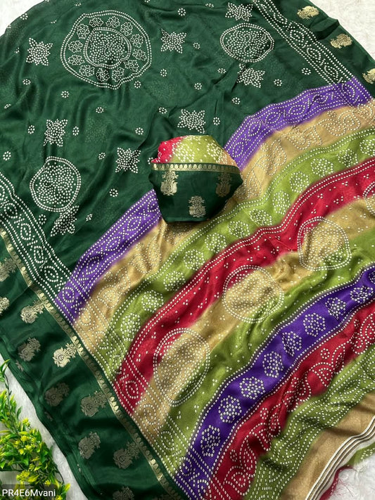Marshmallow Gold Jacquard Saree with Bandhani Ajrakh Print Border