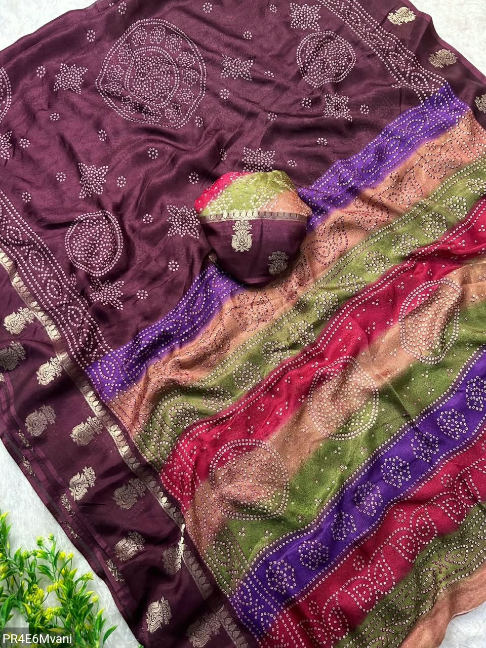 Marshmallow Gold Jacquard Saree with Bandhani Ajrakh Print Border