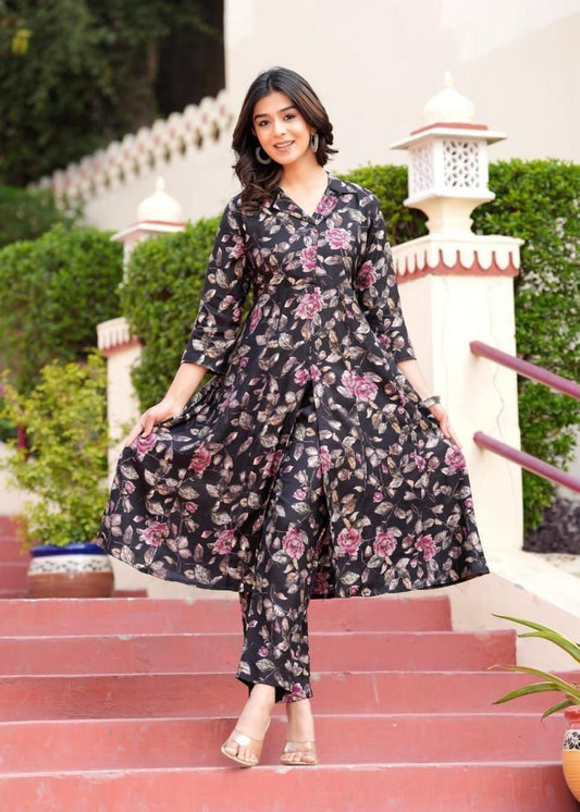 Maslin Foil Print Tunic Style Long Co-Ord Set with Collar