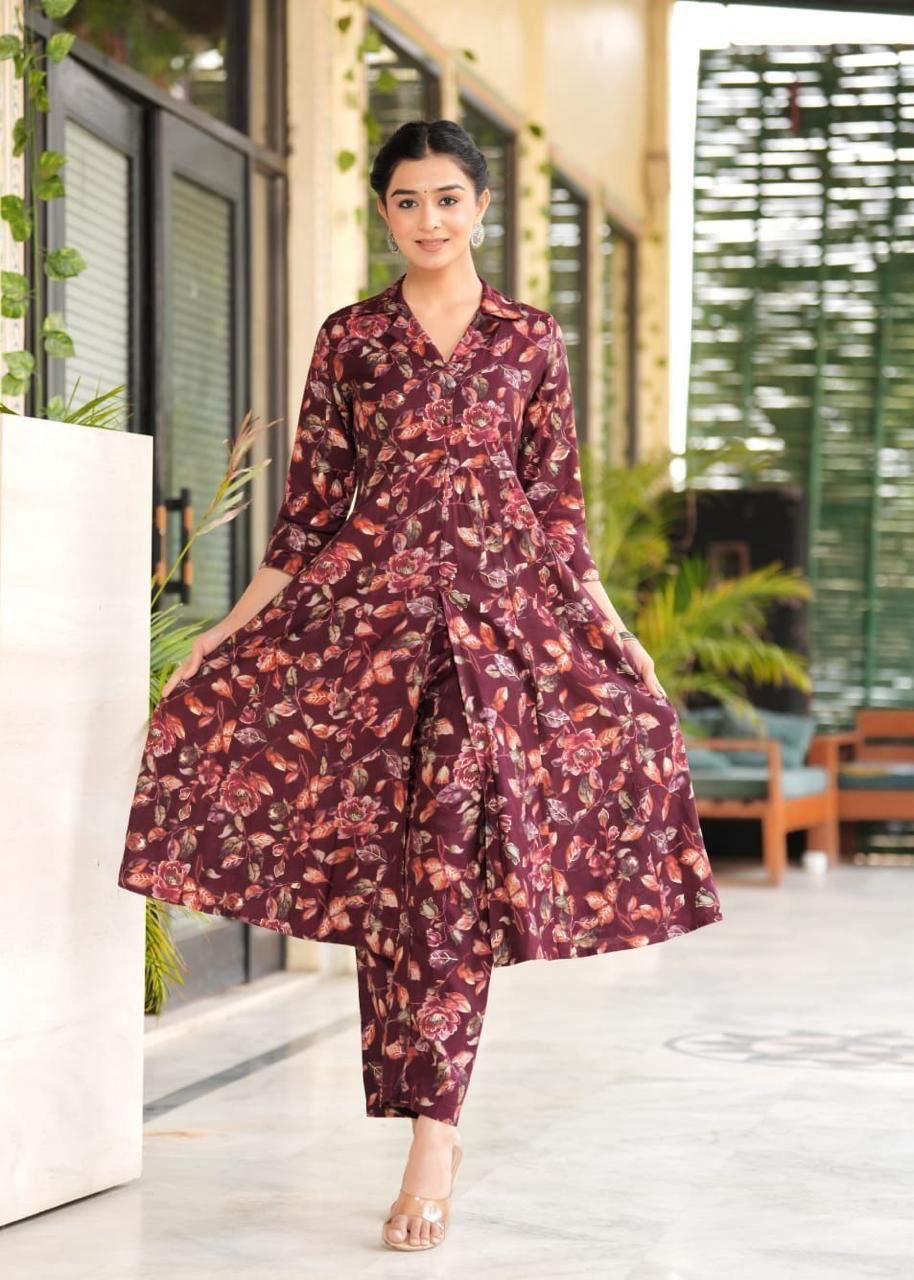 Maslin Foil Print Tunic Style Long Co-Ord Set with Collar