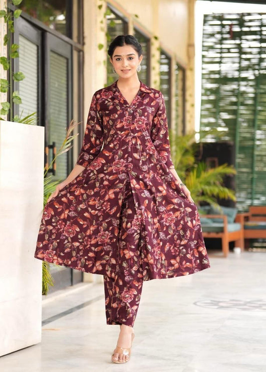 Maslin Foil Print Tunic Style Long Co-Ord Set with Collar