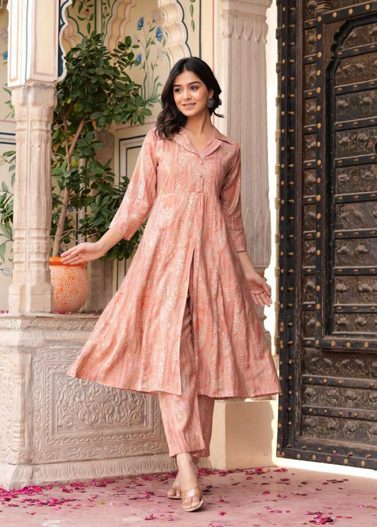 Maslin Foil Print Tunic Style Long Co-Ord Set with Collar