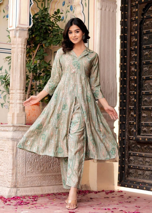 Maslin Foil Print Tunic Style Long Co-Ord Set with Collar